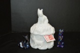 1 White Covered Scotty Dog Canister, 1 Slag Carnival Scotty and Figurines