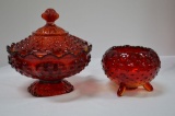 1 Red Hobnail Footed Vase, 1 Hobnail Covered Candy by Fenton