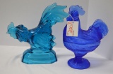 1 Clear Standing Rooster Candy Dish, 1 Teal Rooster Paperweight