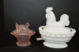1 Open Edged Imperial Glass Rooster Dish, 1 Pink Chicks Dish