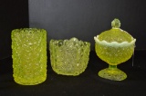 Vaseline Daisy and Button Vases and Covered Candy