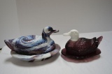 1 Slag Duck on Nest w/ Glass Eyes by Westmoreland, 1 Purple Slag Duck w/ Wh