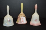 3 Bells: 1 Fenton Burmese Hand painted and Signed and Numbered, 1 Fenton Fl