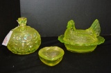 1 Vaseline Hen on Nest, 1 Covered Candy Dish by Weishar, 1 Heart Trinket by