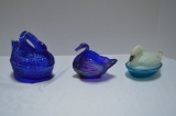 1 Hand painted and Signed Glitter Swan, 1 Cobalt Swan Dish w/ Lid, 1 Open B