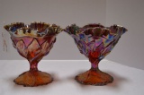 Pair Carnival Glass Ruffled Edge Compote Dishes Leaf Pattern by Imperial