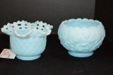 Blue Custard Flower Pattern Rose Bowl and Basket Weave Open Lace Edge Dish