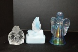 1 Blue Iridescent Angel Figure by Fenton, 1 Blue Slag Praying Hands, 1 Clea