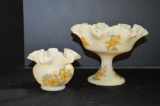 Pair Hand painted and Signed Custard Ruffled Edge Compote 6