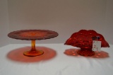 Amberina Cake Stand and Red Thumbprint and Star Decorative Banana Bowl