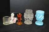 Assorted Toothpick Holders: 1 Glass Cupie?, 1 Slag Hand, 1 Clear w/ Childre