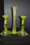 Pair of Vaseline Candle Sticks and Crimped Edge Stretch Vase 12