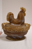 Brown Slag Open Lace Edge Rooster in Basket - Has Chip