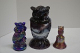 1 Large Purple Slag Owl Lidded Dish w/ Glass Eyes by Imperial Glass, 1 Carn