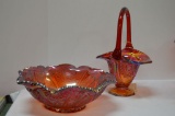 1 Carnival Red Fenton Basket, 1 Scalloped Edge Bowl