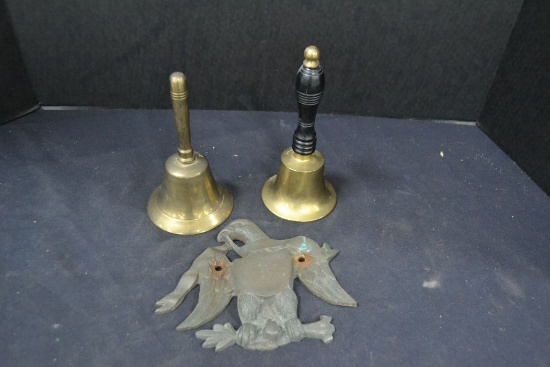 Group of Brass Items- 2 bells with clackers and brass? Eagle with shield