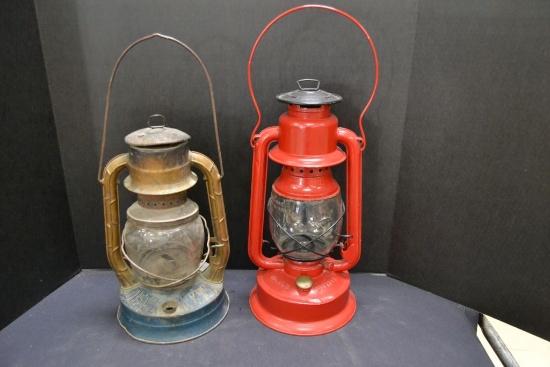 Pair of Oil Lanterns - No. 162 Supreme, Embury, painted red with black top