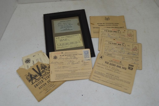 Group of War Rations & Framed Leon Oil Company Drivers License