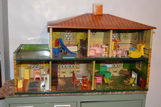 Tin Doll House with original plastic furniture