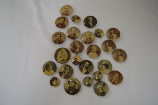 Large Group of Photo Buttons/Pins w/ Advertising on reverse side