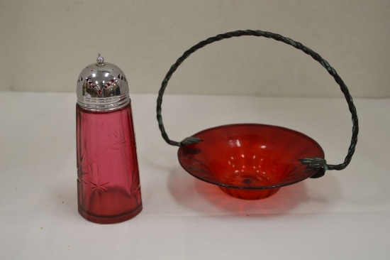 Cranberry Etched Spice Shaker and Red Glass Small Bowl w/ Metal Handle