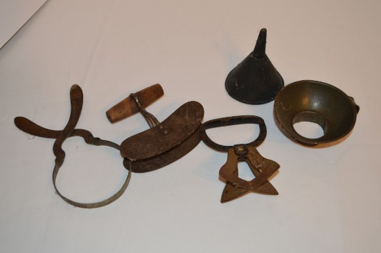 Group of 5 Vintage Kitchen Utensils: Kraut Cutters, Funnels and Bottle Hold