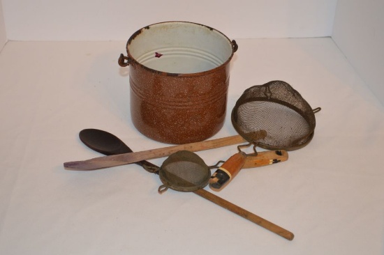 Group of Wooden Kitchen Utensils: Wooden Spoons, Wood Handled Strainers and