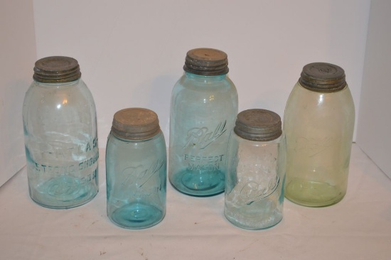 Group of 5 Ball Jars w/ Zinc Lids; 2 Pint and 3 Quart - 4 Blue Jars and 1 G