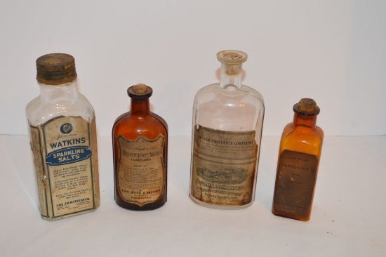 Group of 4 Apothacary Bottles w/ Original Paper Labels: Watkins, John wyeth