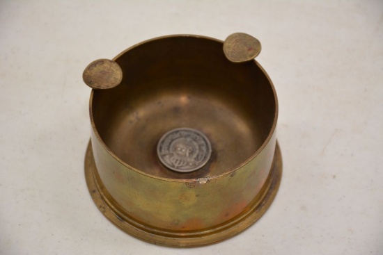1945 No. 51, 3 in. MK 7 Brass Shell Base Trench Art w/ Foreign Currency Dec