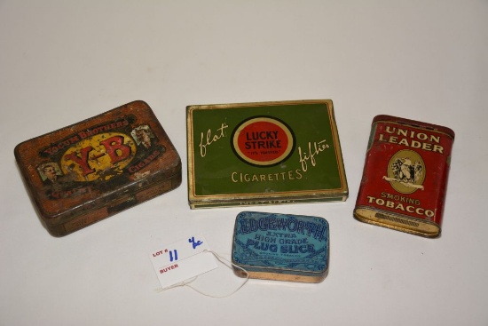 Group of 4 Tobacco Tins: Union Leader, Lucky Strike, Edgeworth and Yocum Br