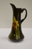 Unmarked Rozane Style Pitcher w/ Daffodil Flower, 12 in. High