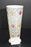 Unmarked 8 in. Round Vase, Etched/Stamped Flower Design, Handwritten J. on