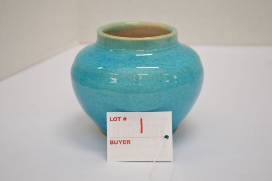 Teal Crackle Glaze Pot 3 1/2 x 4 1/2, Made in N.C by Walter B Steph (1941?)