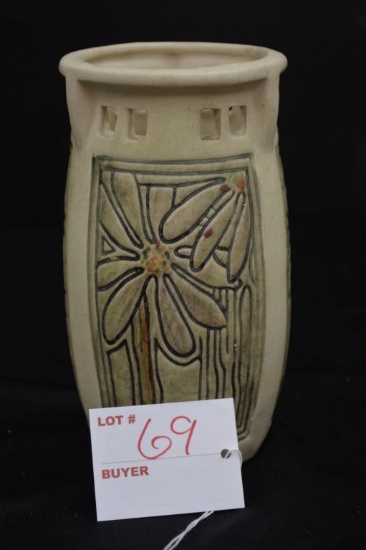 Unmarked Weller ? Knife Wood Vase w/ Etched Flowers and Panels, 6 in.