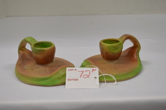 Pair of Weller Candlestick Holders, "Lily Pad" Design, 5 x 2 in.
