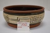 Unmarked Geometric Bowl w/ Matte Finish and Brown Gloss Glaze Inside, 8 in.