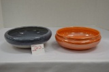 Pair of Unmarked 8 in. Shallow Bowls: 1 - Luster Orange, Has Crack, 1 - Blu
