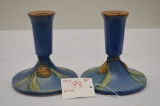 Pair of Roseville Blue Pine Cone Candle Holders, 1 Foil Sticker, 1 w/ #1099