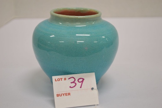 Unmarked Two Colored Glaze Bulbous Vase, Blue and Pink Inside, 4 in.