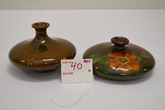 Pair of Squat Bud Vases: 1 - Ruko w/ Orange Vase, 1 Brown Marbleized 5 in.