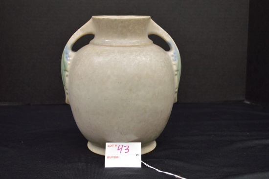 Unmarked Roseville "Tuscany" Grey Double Handled Vase, Some Crackling on Side, 9 in.
