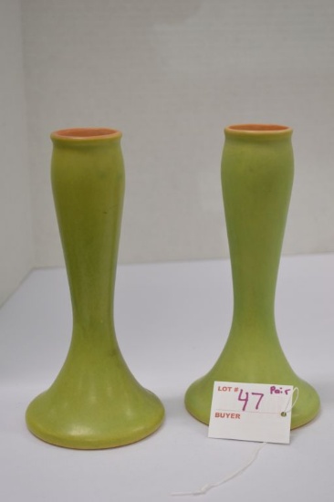 Pair of Roseville Green Glaze Bud Vases w/ Some Crackling, #79-7"