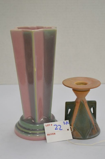 2 Pieces- 8" Unmarked Roseville "Futura"  Vase- Damaged Glaze, 4" Candleholder