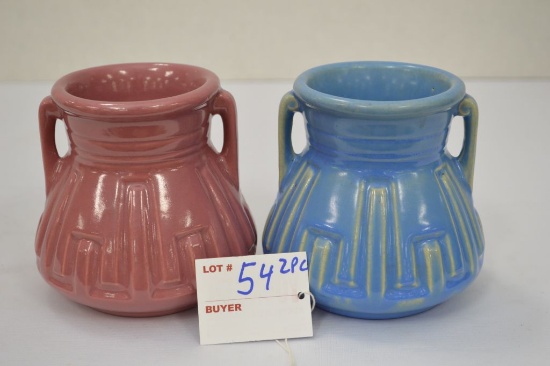 Roseville- 2 Pieces - Blue Vase w/ Handles 4 1/4" and Pink Vase w/ Handles 4 1/4"