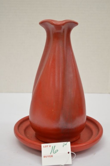 Unmarked #771 Vase, 9 in.; and Unmarked "Bolo" Red Plate, 7 in.