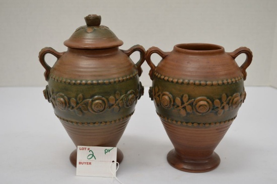 Weller "Clarmont" Lidded Jar w/ Handles and Clarmont Jar/Vase, 8 x 6 1/2 in