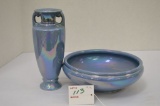 Cowan Blue Luster Vase and Unmarked Blue Luster Bowl, Both 7 in.