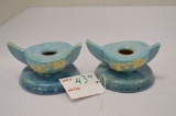 Pair of Roseville USA, Blue Candlesticks w/ White Flowers, #251, 4 x 2 in.