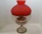 Rayo Metal Base Oil Lamp w/ Chimney and Red Diamond and Quilt Satin Shade